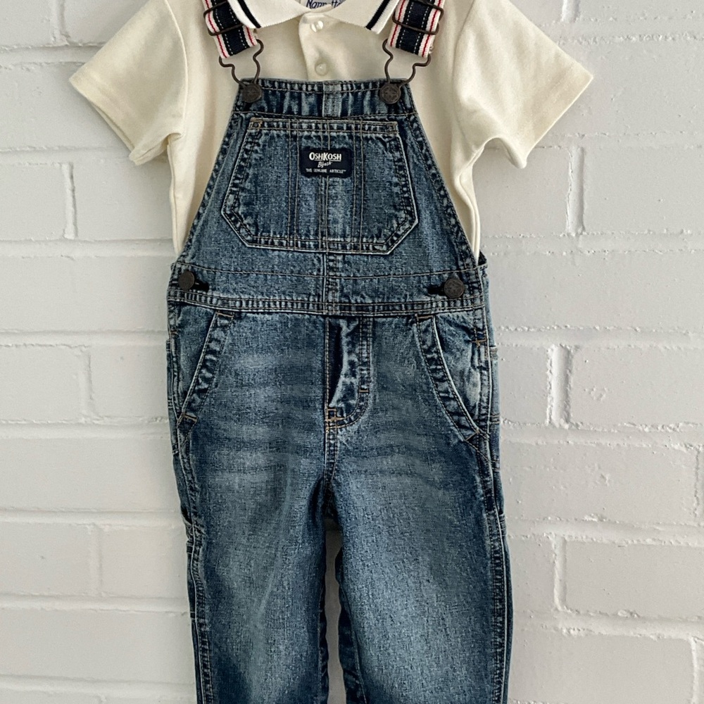 OshKosh B'gosh Denim Overalls/Nannette Top Curated Boys Oufit Size 12-18 Months